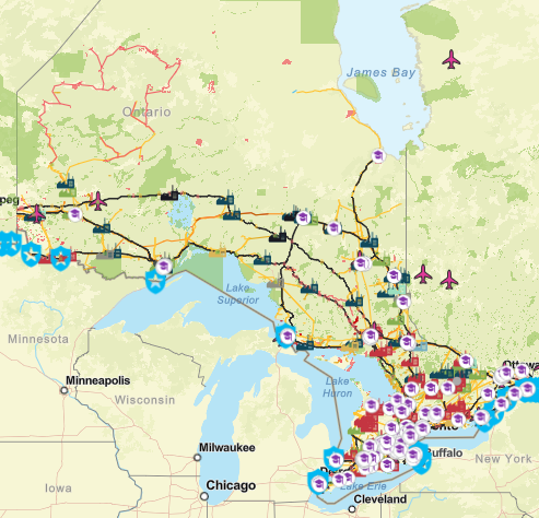 Screenshot of a map of Ontario showing train routes, major highways, ports and other infrastructure. Taken from the Forest EDGE